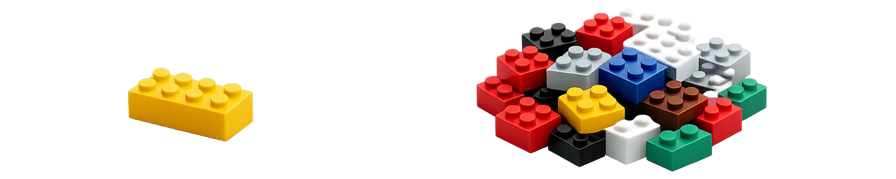 One yellow Lego brick beside a pile of colourful Lego bricks